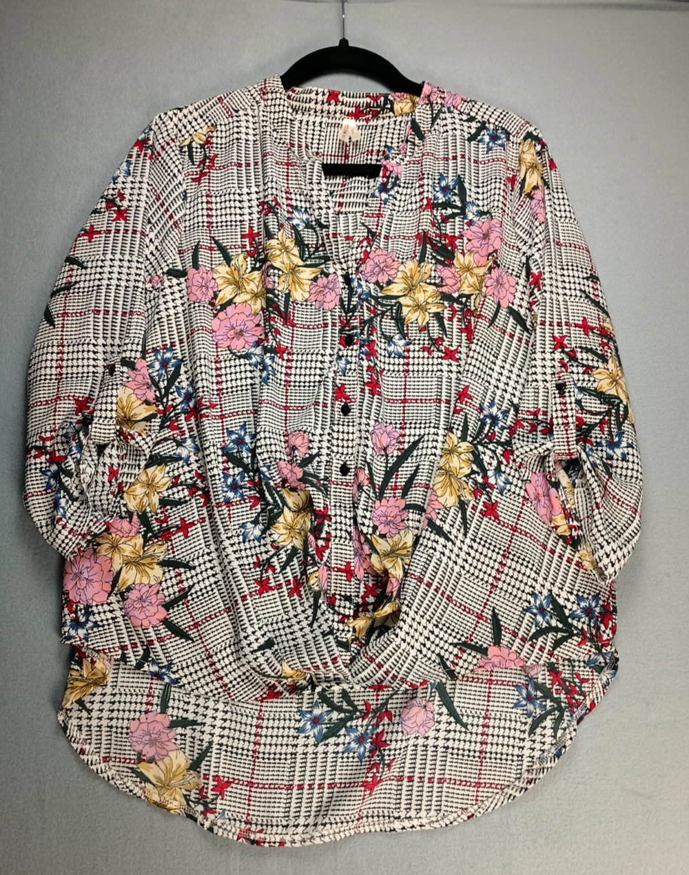 Moon Orchid Womens L Floral Plaid Floral Blouse Gathered Front 3/4 Sleeve Top